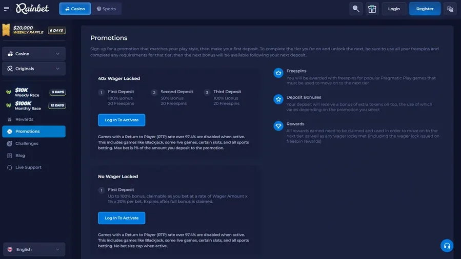Rainbet: promociones (escritorio)