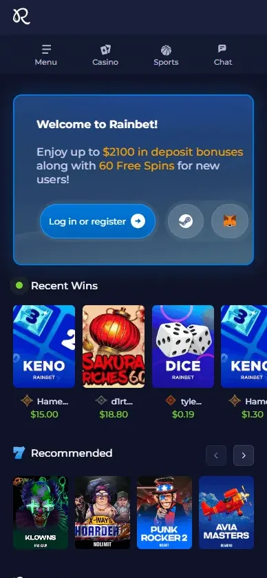 Rainbet: página principal (versión móvil)